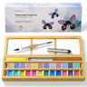 Fuumuui 24 shimmer watercolor paint set in wooden palette with travel brush and butterfly gift box.