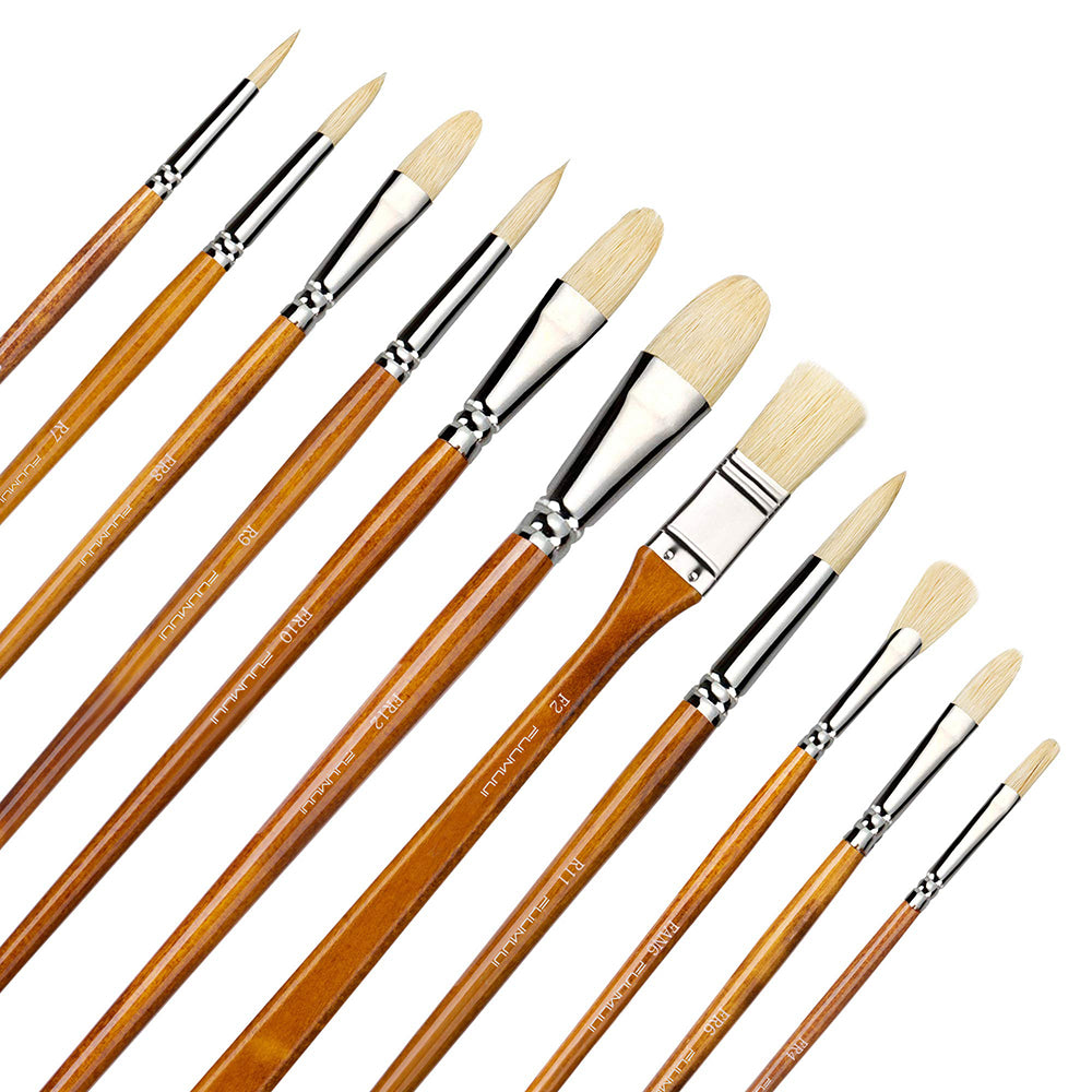 An 11-piece professional hog bristle paint brush set arranged to display the different brush shapes and sizes.