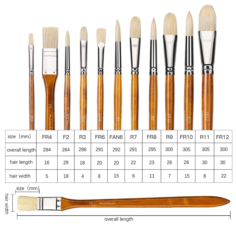 An informational chart showing the different sizes and shapes of the 11 natural hog bristle brushes with their lengths.