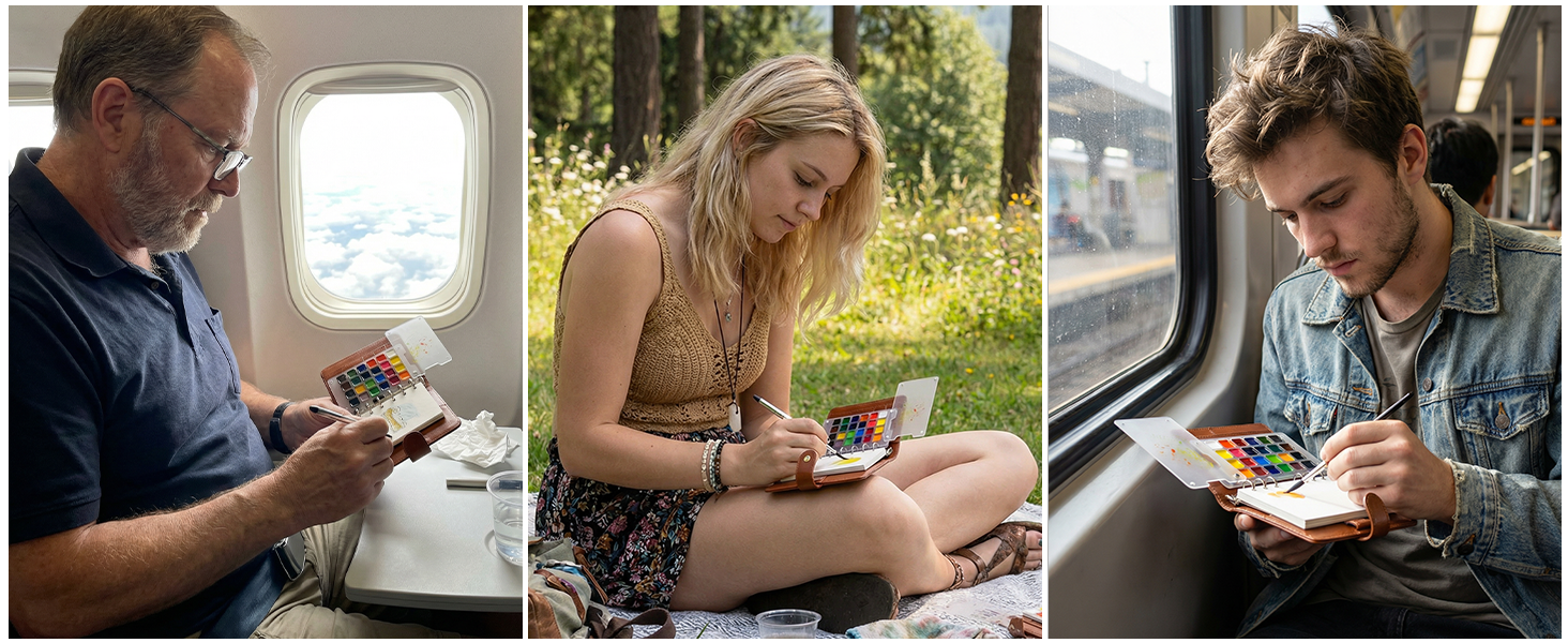Artists using a portable watercolor paint set, travel pocket brush, and sketchbook while traveling on a plane, train, and outdoors. Ideal travel palette for professional artists and beginners on the go.