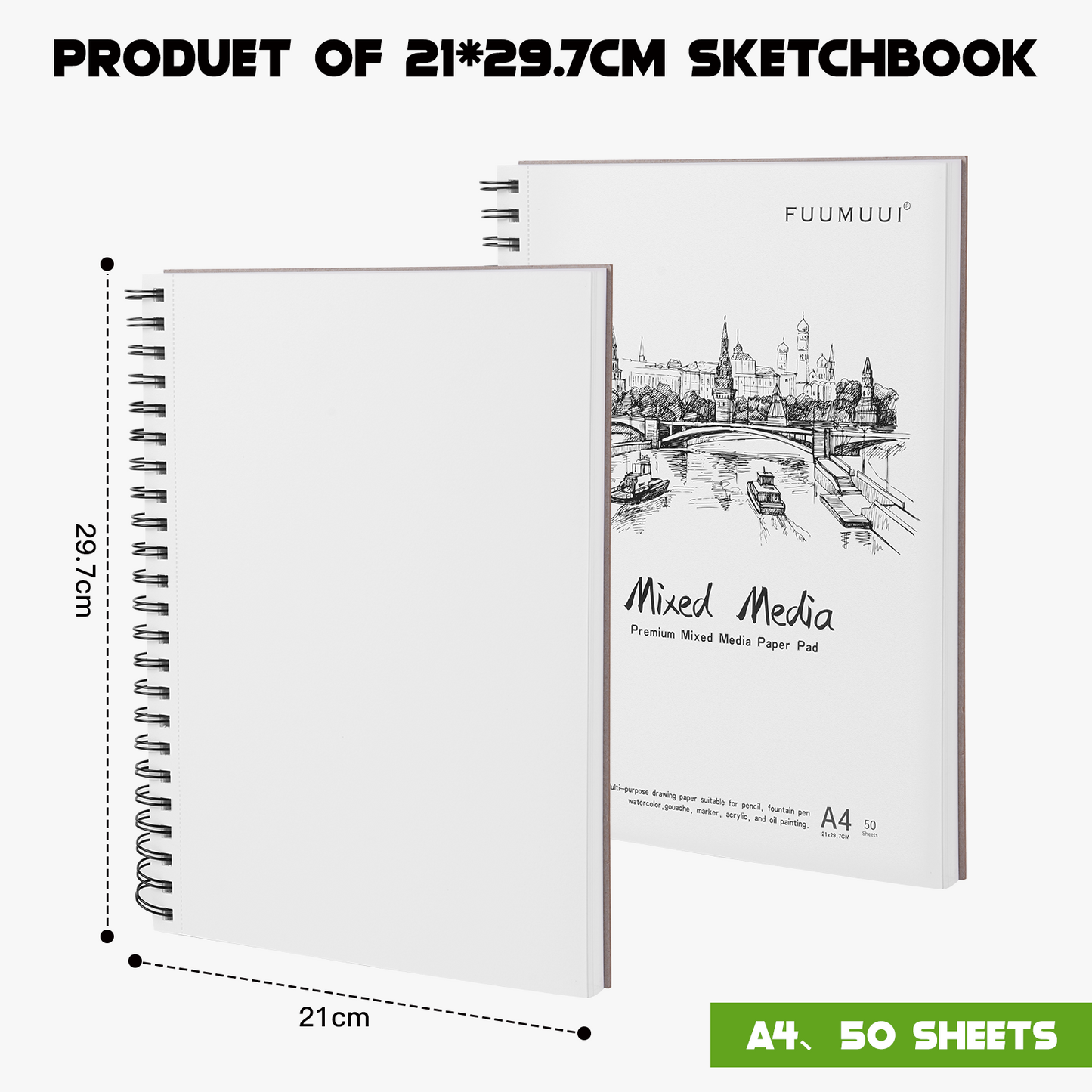 Fuumuui Mixed Media Sketchbook A4 - Spiral Bound, 50 Mixed Media Paper Sheets for Artists Watercolor, Acrylic, Oil, Gouache, Drawing, Pen and More.