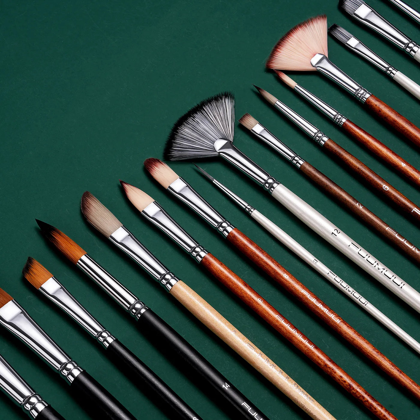 Fuumuui Acrylic Paint Brush and Oil Paint Brush set with Synthetic Nylon and Natural Bristle. Includes Fan Brush, Detail Brush, and Flat brushes in sizes 14, 12, and 8 for professional artists and beginners.