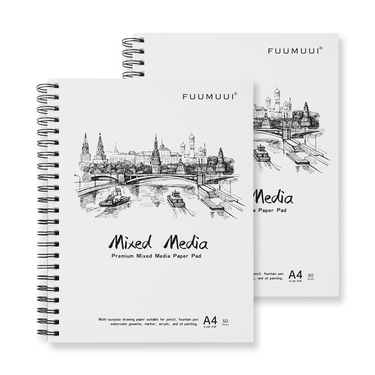 Two Fuumuui Mixed Media Sketchbooks, A4, spiral-bound, each with 50 premium mixed media paper sheets. The covers feature an artistic black and white cityscape drawing. Ideal Fuumuui art supplies for watercolor, acrylic, oil, gouache, drawing, pen, pencil, and marker artists.