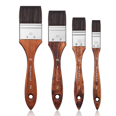 Fuumuui 4pcs Animal Hair Flat Brush Set 20/30/40/50mm with Wooden Handles for Art Supplies