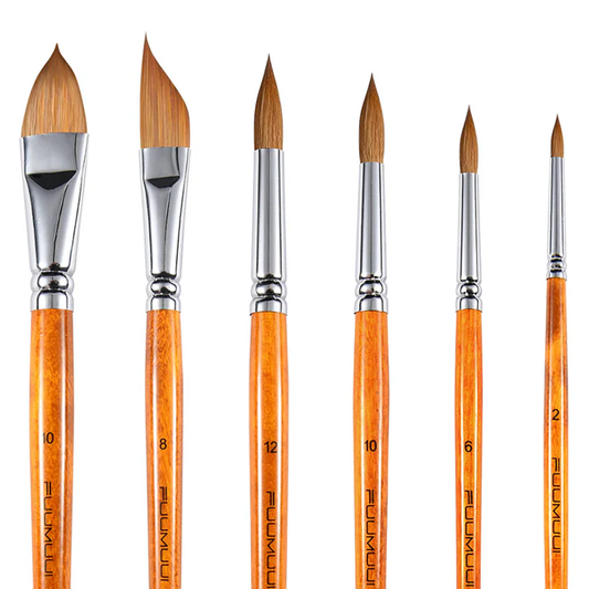 Fuumuui 6pcs Professional Watercolor Brushes - Round, Cat's Tongue, Dagger