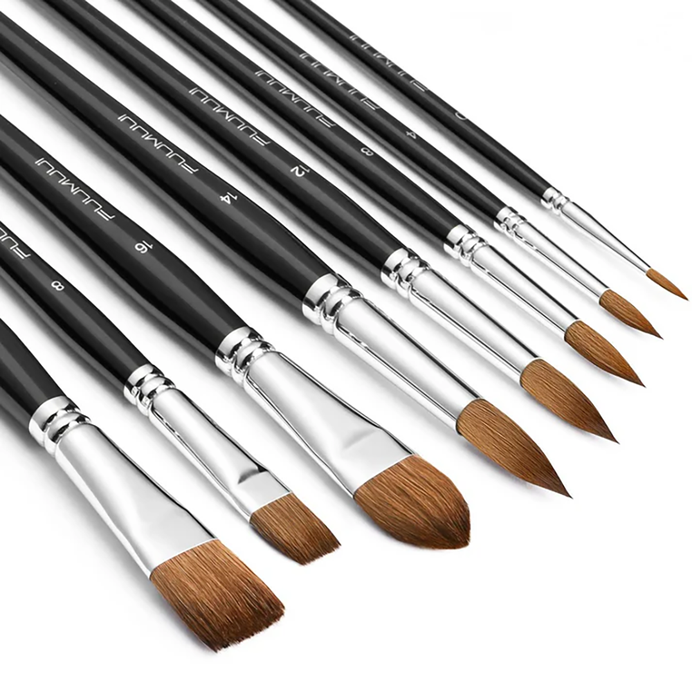 A set of 8 professional Fuumuui sable watercolor brushes with assorted shapes and sizes on a white background.