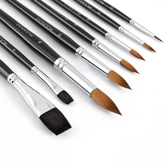A Fuumuui professional watercolor brush set featuring sable and squirrel hair, showing various brush shapes and sizes.