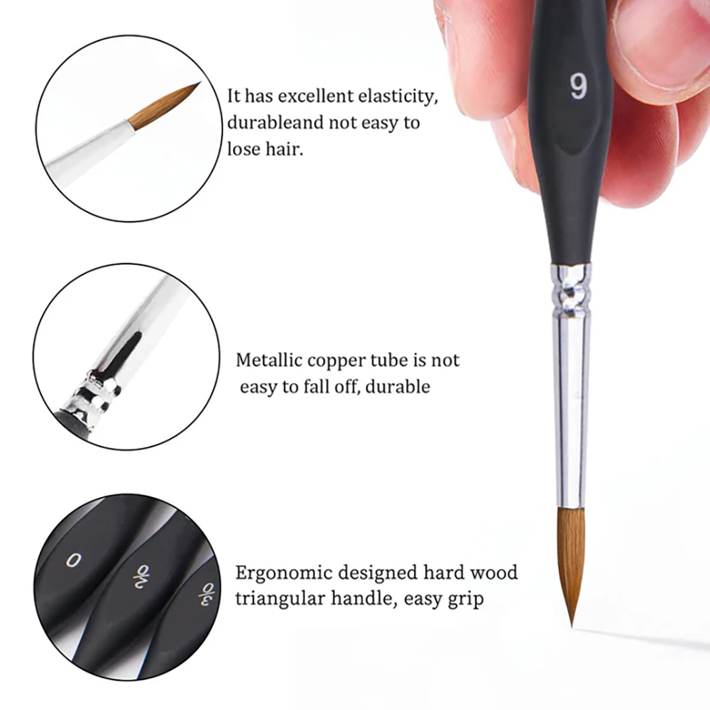 A Fuumuui detail brush with text showing its excellent elasticity, durable metallic ferrule, and ergonomic triangular handle.