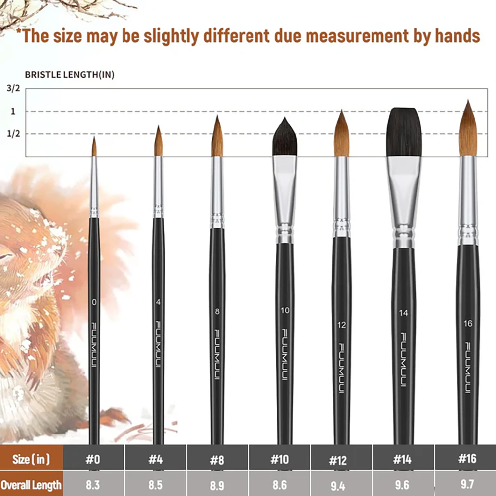 A Fuumuui 7-piece watercolor brush set with a size guide and measurements for each brush from size 0 to 16.