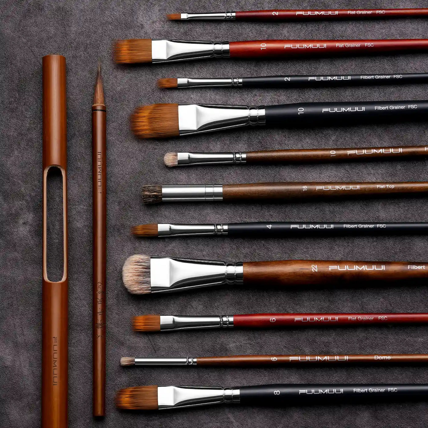 Fuumuui professional artist brush set for oil and acrylic paint. Features Flat Grainer, Filbert Grainer, and Dome brushes with FSC wood handles, synthetic bristles, and a pointed Chinese Calligraphy Brush.