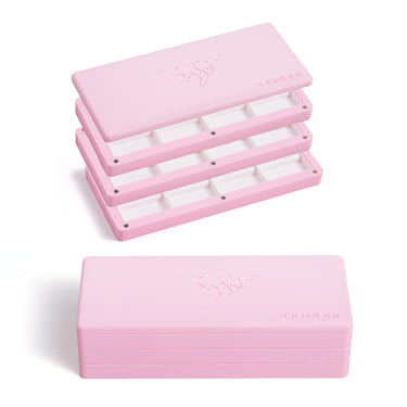 The FUUMUUI 3-Tier Light Pink Magnetic Palette in stacked and closed configurations, highlighting its portability.