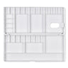 Fuumuui plastic paint palette with lid open, displaying multiple wells, large mixing areas, and a thumbhole handle, perfect for watercolor painting.