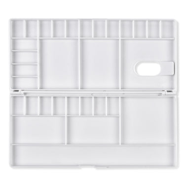 Fuumuui plastic paint palette with lid open, displaying multiple wells, large mixing areas, and a thumbhole handle, perfect for watercolor painting.