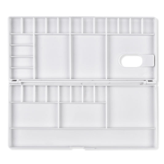 A white Fuumuui watercolor palette with 24 small paint wells and 7 large mixing areas for artists and students.