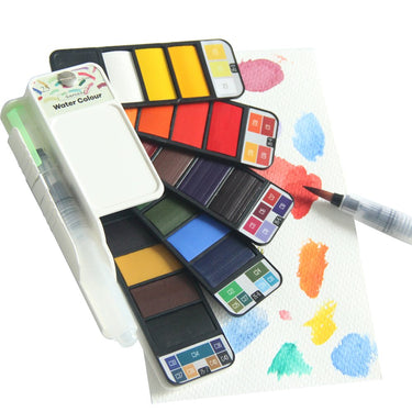 Fuumuui Travel Portable Watercolor Pocket Kit with assorted colors and water brush, displayed with paint swatches.