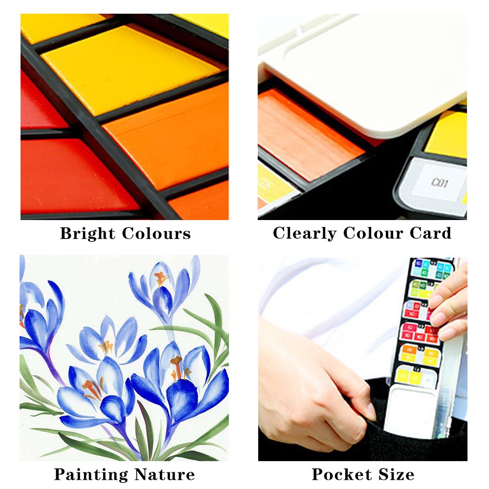 A four-panel image showing a vibrant watercolor paint set, a color card, a beautiful nature painting, and a compact, pocket-sized watercolor kit.