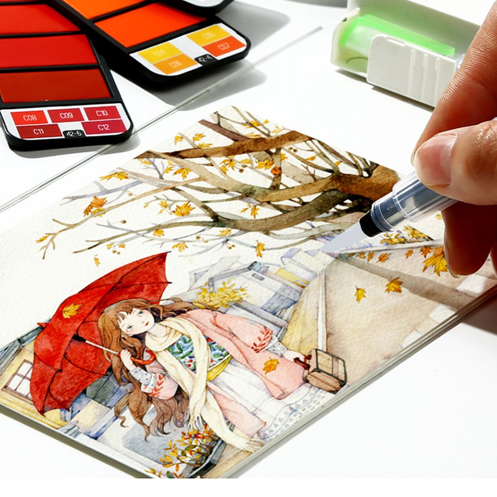 A close-up shot of a hand painting a detailed miniature art piece of a girl with a red umbrella, using a fine detail brush and a pocket watercolor set.