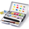 Fuumuui Travel Watercolor Set open, displaying 12 vibrant watercolor half pans, a travel watercolor brush, built-in mixing palette, and color swatch card, all within a compact Fuumuui art supplies metal tin.