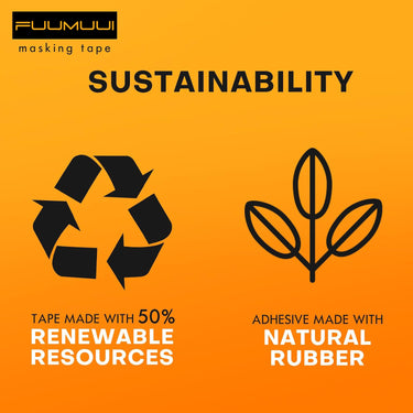 Caratteristiche di sostenibilit¨¤ del nastro adesivo bianco Fuumuui: realizzato con il 50% di risorse rinnovabili e adesivo in gomma naturale.