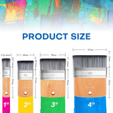 Fuumuui 4pcs Flat Paddle Paint Brush Set size chart showing 1-inch, 2-inch, 3-inch, and 4-inch brush dimensions, including bristle width and length.
