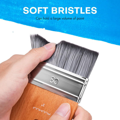 Fuumuui 3 inch flat paddle paint brush highlighting its soft bristles and capacity to hold large volumes of paint.