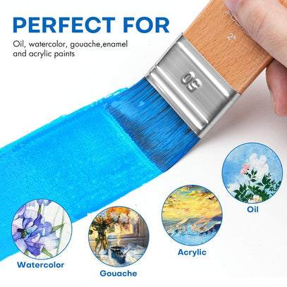 Fuumuui 4pcs Flat Paddle Paint Brush Set applying bright blue paint, perfect for oil, watercolor, gouache, enamel, and acrylic art mediums.