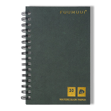 Fuumuui Art Supplies watercolor sketchbook with dark green textured, spiral-bound cover, highlighting 20 sheets of 100% cotton paper.