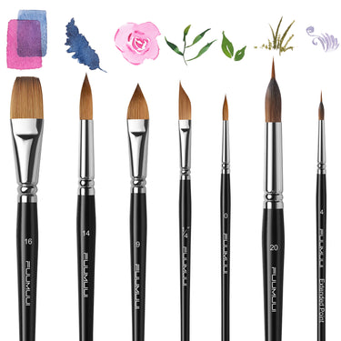 Fuumuui 7tlg. Professionelles Aquarellpinselset aus Zobelhaar, mit verschiedenen flachen, runden und Detailspitzen, ausgestellt mit bunten Aquarellfarbfeldern und Kunstwerkbeispielen.