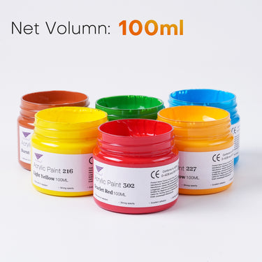 Group of 100ml acrylic paint jars showing vibrant red, yellow, green, and blue colors.