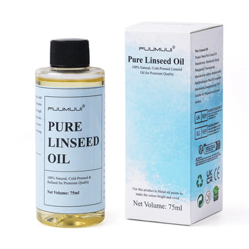 Fuumuui 75ml refined linseed oil bottle next to its original product packaging box.
