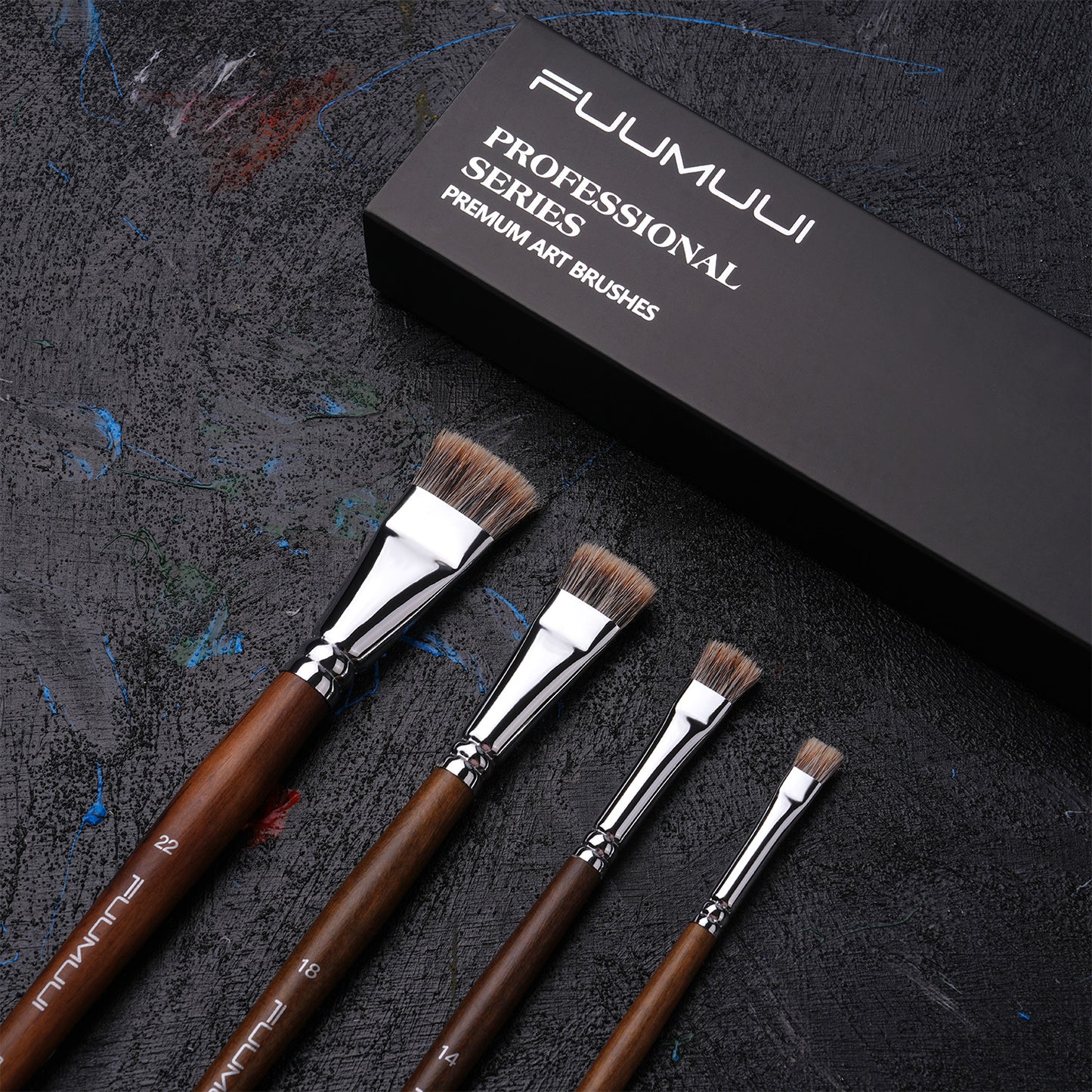FUUMUUI 4pcs Badger Hair Flat Brush Set | Brown Wooden Handle for Acrylic & Oil Painting