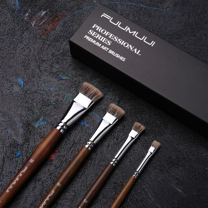 FUUMUUI 4pcs Badger Hair Flat Brush Set | Brown Wooden Handle for Acrylic & Oil Painting