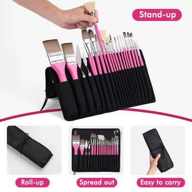 Ensemble de pinceaux de mélange acrylique professionnels Fuumuui & Samantha Anderson avec des pinceaux à manche rose et des couteaux à palette dans un étui en toile noir polyvalent, enroulable et pouvant être posé debout pour les fournitures d'art.