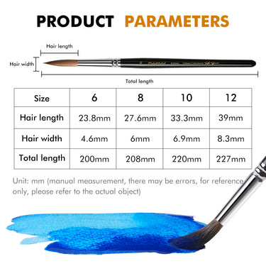 Fuumuui The Ultimate Kolinsky Collection Pinselgrößentabelle mit detaillierten Parametern für die einzelnen Pinselgrößen 6, 8, 10 und 12, einschließlich Haarlänge, Haarbreite und Gesamtlänge in Millimetern, neben einem Fuumuui Kolinsky-Pinsel, der blaue Farbe aufträgt.