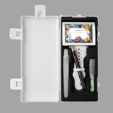 Fuumuui Wearable Watercolor Kit art supplies: open white case displaying the 24-color travel palette, a water brush, and a liner brush.