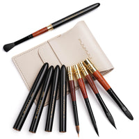 Fuumuui 5-piece professional travel watercolor brush set featuring elegant natural squirrel hair bristles with sable extended needle points, wooden handles, gold ferrules, black protective caps, and a light beige travel case, ideal for plein air watercolor, gouache, and ink painting.
