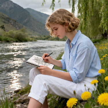 Fuumuui Watercolor Sketchbook: Young artist sketching intricate designs in a spiral-bound notebook by a serene river with mountains and dandelions, perfect for outdoor Fuumuui Art Supplies.