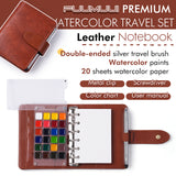 Fuumuui Watercolor Travel Set: brown PU leather cover, premium watercolor paints, refillable 300gsm cotton paper, double-ended travel brush.