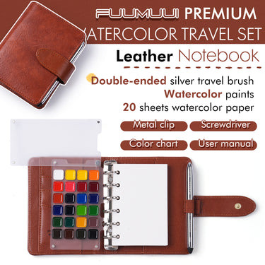 Fuumuui Watercolor Travel Set: brown PU leather cover, premium watercolor paints, refillable 300gsm cotton paper, double-ended travel brush.