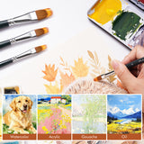 Set di pennelli grainer filbert sintetici a doppio strato Fuumuui da 5 pezzi per acquerello e acrilico, esposto con un artista che dipinge foglie autunnali e dimostra l'idoneit¨¤ per gouache e olio con vari esempi di forniture artistiche Fuumuui.