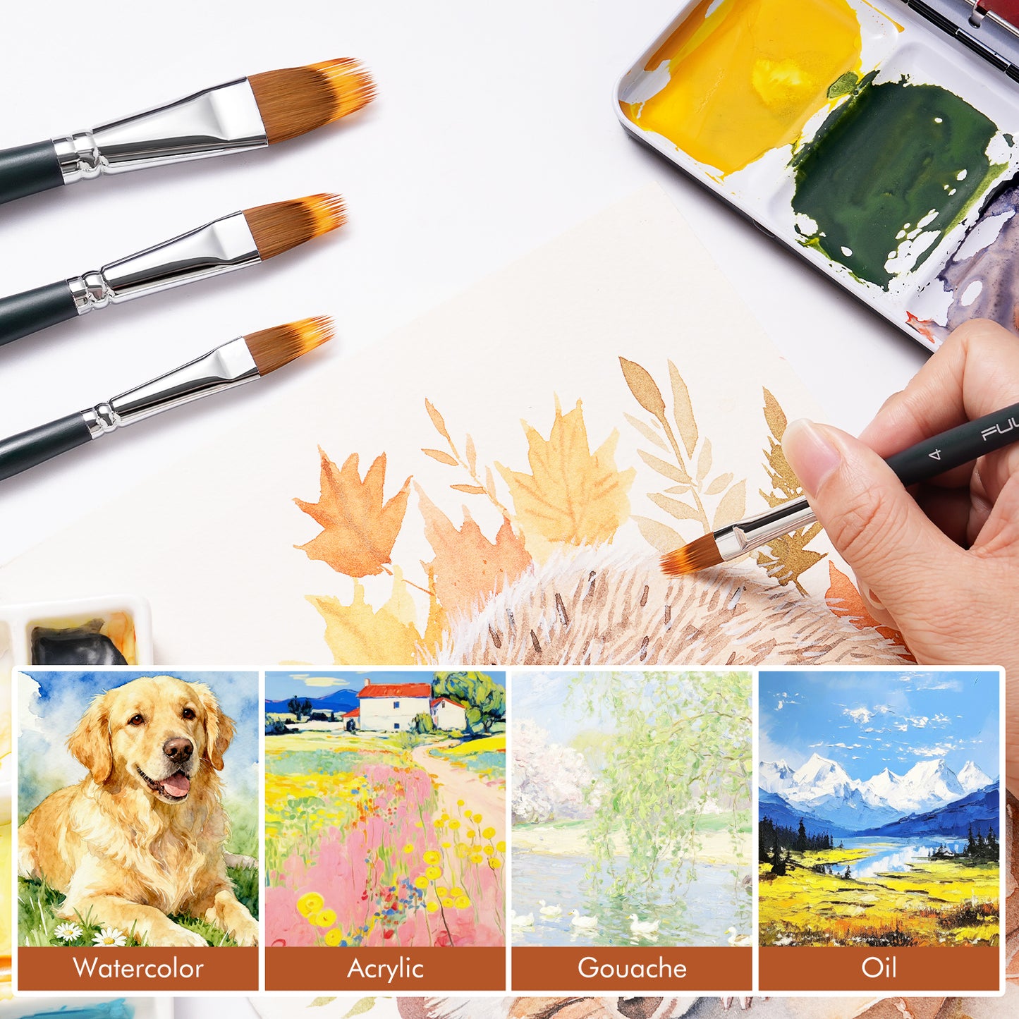 FUUMUUI 5-Piece Dual-Layer Synthetic Filbert Grainer Brush Set for Watercolor & Acrylic
