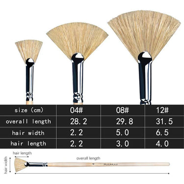 Fuumuui 3pcs professional bristle oil fan brushes (sizes 04, 08, 12) with detailed measurement chart for overall length, hair width, and hair length.