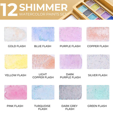 Swatch chart of 12 shimmer watercolor paint set showing metallic glitter flash finishes.