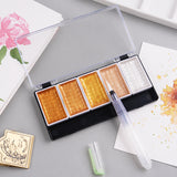 Tavolozza di colori ad acquerello metallici ad alte prestazioni FUUMUUI con cinque godet scintillanti oro, bronzo e argento, accompagnata da una penna a pennello ad acqua e opere d'arte ad acquerello finite, ideale per gli artisti.
