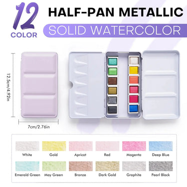 Fuumuui 12 Colors Vibrant Solid Watercolor Paint - Luminous Metallic