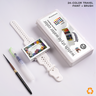 Fuumuui Wearable Watercolor Kit: 24-color travel palette in a white watch-style design, displayed with a Fuumuui water brush pen and a liner brush, perfect Fuumuui Art Supplies for artists on the go.