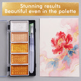 Tavolozza di colori ad acquerello metallici ad alte prestazioni Fuumuui con scintillanti colori bianco, oro rosa e oro, una penna a pennello ad acqua e un vivace dipinto di un fiore rosso con accenti in oro metallizzato, a dimostrazione di risultati straordinari per gli artisti.