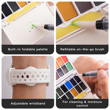 Kit acquerello portatile Fuumuui che mostra la sua tavolozza da viaggio a 24 colori con area di miscelazione pieghevole integrata, pennello ad acqua ricaricabile, spugna per la pulizia e cinturino da polso regolabile per materiali artistici portatili.
