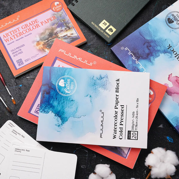 Fuumuui Artist Grade 100% Cotton Watercolor Paper Block and Sketchbook. Professional 140lb/300gsm Cold Press acid-free 7x10 paper. 20 sheets for watercolor paint, watercolor brushes, professional artists, and beginners.