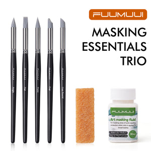 Fuumuui Masking Essentials Trio with 80ml Art Masking Fluid watercolor medium, rubber remover block, and 5 silicone tip brushes (Angle, Flat, Point, Cup, Cup Round) for professional artist precision masking.